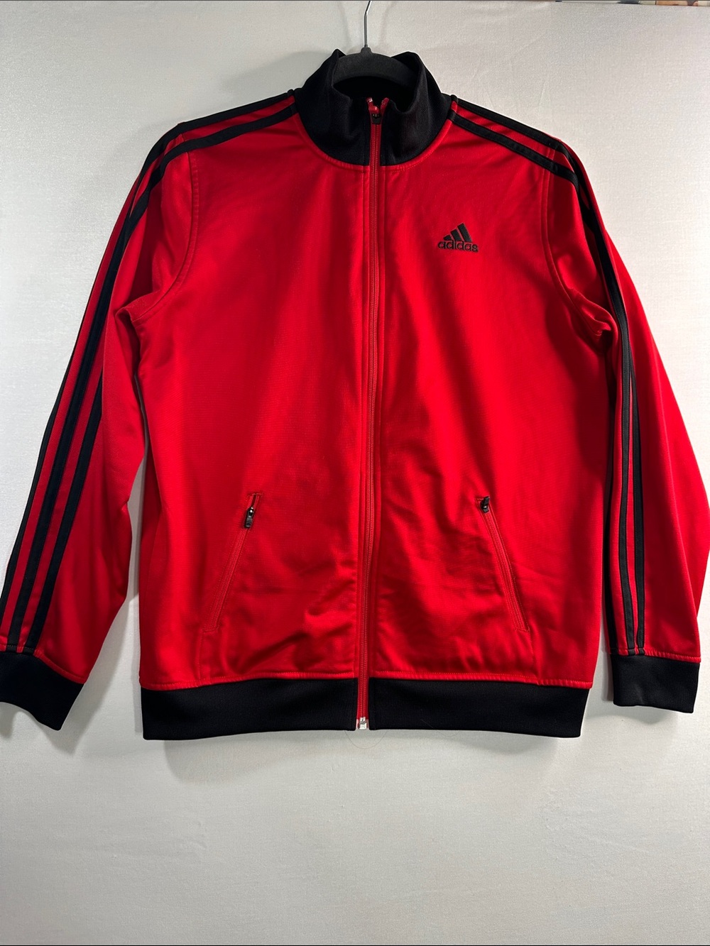 Adidas red black 3-stripes youth track jacket stand up collar  full zip closure